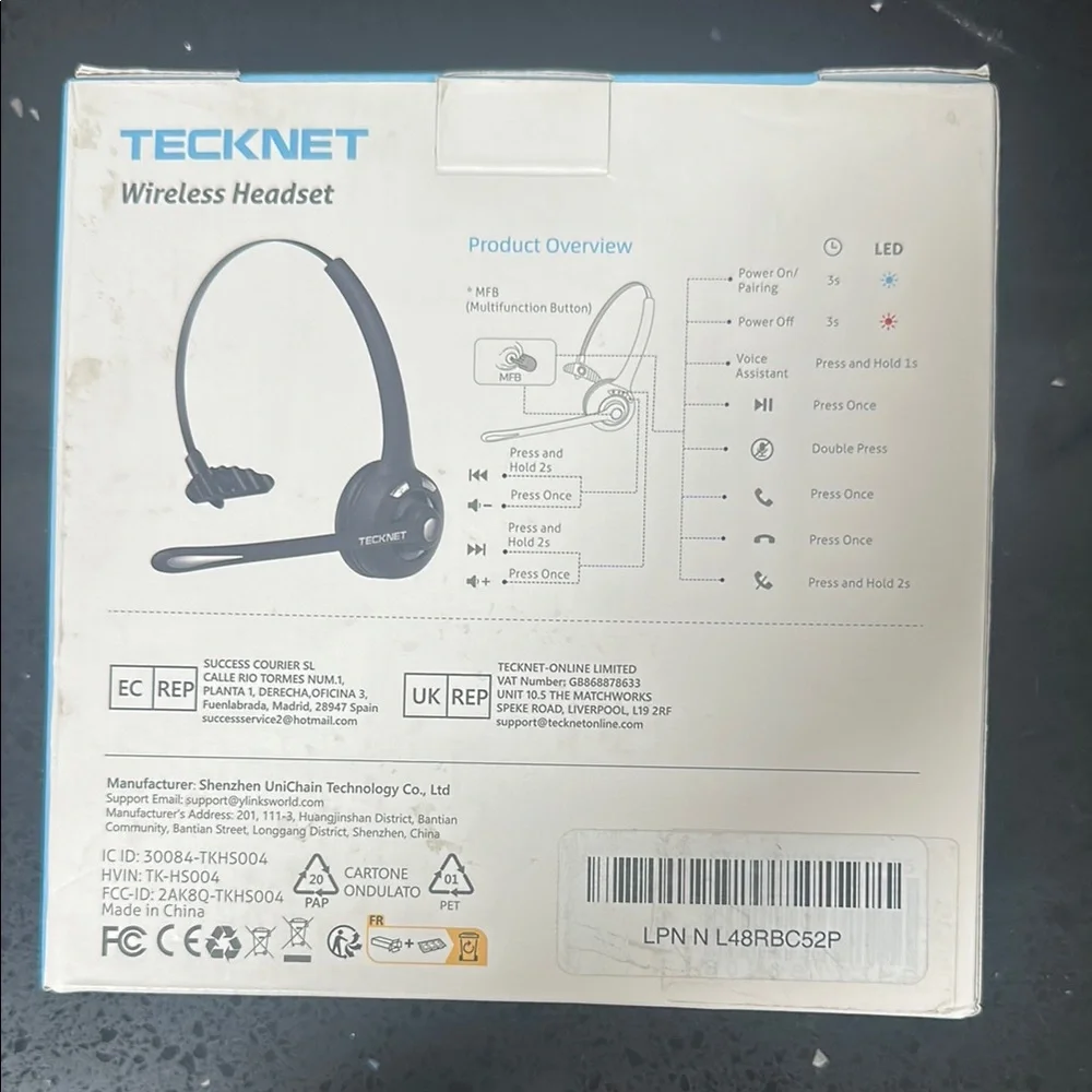NEW IN BOX Tecknet Bluetooth Black Wireless Headset One Ear